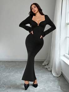 SHEIN PETITE Vestido elegante de unicolor con cuello corazón, manga larga, aro redondo, bajo de cola de pez, ajustado, escote bajo, vestido de cuello en V profundo, vestido largo negro, para mujeres petite - Negro - Ver 4