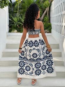 Vestido maxi de playa con estampado floral, espalda descubierta y cintura hueca para niña preadolescente, primavera/verano - Azul - Ver 2