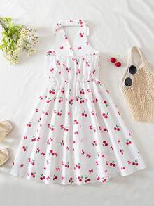 Girls' Cute Cherry Print Sleeveless Dress, Korean Style, Sweet Princess Vibe, Lightweight Fabric For Summer, Suitable For Daily Wear Or Outings - White - View 2