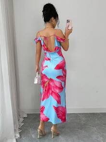 Qadelle Damen Sommer Urlaubs Off-Shoulder Kleid mit Blume Muster - Verschiedenfarbig - Übersicht 2