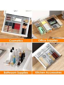 Ensemble d'organisateurs de tiroirs en plastique transparent, bacs organisateurs de tiroirs multifonctionnels pour salle de bain et coiffeuse, bacs de rangement pour maquillage, cuisine et bureau - Blanc - Voir 6