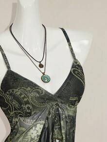 SHEIN ICON Women's Summer Bohemian Vacation Paisley Print Slit Ruffle Trim Fitted Cropped Camisole - Army Green - View 9