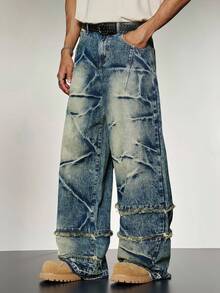 PAVTROS Men's Slant Pocket All-Over Print Casual Wide-Leg Jeans Baggy Jeans With Design Men S Ghetto Outfits With Jeans - Medium Wash - View 3