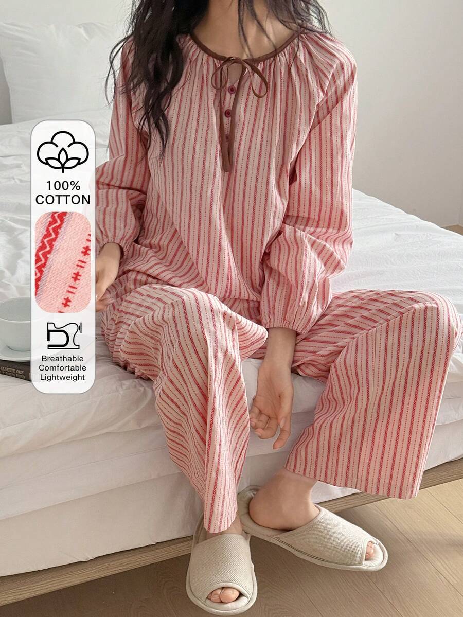 DAZY 条纹褶皱系领灯笼袖宽松女士睡衣套装 - 粉色 - 查看 1