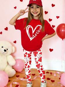 春夏秋季少女休闲时尚创意个性清新简约可爱线条爱心图案字母标语印花宽松T恤和打底裤两件套，舒适套装，适合情人节节日氛围，红色少女套装，儿童打底裤套装 - 彩色 - 查看 3