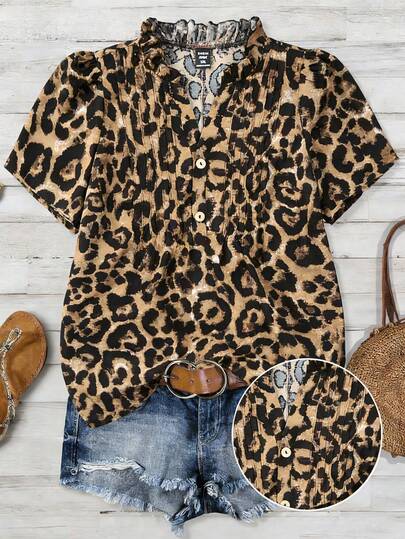 Franclia Plus Size Women Leopard Print V-Neck Frill Trim Short Sleeve Casual Blouse Top With Button Decor Safari Outfit Women Cheetah Print Outfit Women Leopard Shirt Cute Short Sleeve Tops Animal Print Outfit Animal Print Shirt Leopard Print Tops Leopard Print Shirt