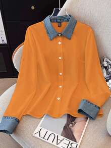 GlowEve Women's Casual Long Sleeve Orange Colorblock Button Front Shirt With Denim Collar And Cuffs For Everyday Wear - Orange - View 3