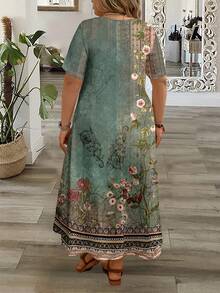 Mellowie Casual Retro Elegant Floral Print Plus Size Women's Minimalist V-Neck Short Sleeve Maxi Dress, Suitable For Summer Spring - Multicolor - View 2