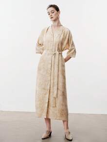 Aalyst 女士春夏优雅时尚奢华简约高端设计休闲波西米亚风度假/工作装复古风舒适扎染印花V领开襟插肩袖袖口褶裥侧袋腰带中长连衣裙 - 棕色 - 查看 6