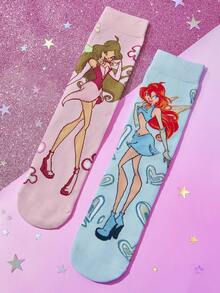The Winx X SHEIN 3双装女士/女孩不配对袜子，柔软透气吸湿，休闲中筒袜，甜美卡通图案，时尚可爱糖果色船袜，加固袜头和袜跟，经久耐穿，四季皆宜，夏季/冬季百搭，图案袜子，Y2K风格 - 彩色 - 查看 10