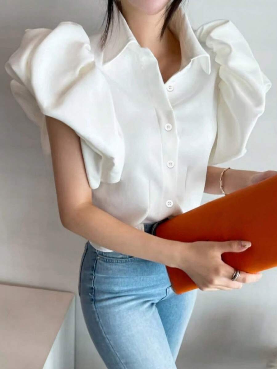 INAWLY 1pc Women's Solid Color Single-Breasted Casual Shirt With Puff Sleeve Design - White - View 1