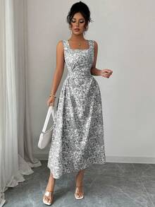 Rafferiza Women's French Style Vacation Blue Floral Print Ruffle Sleeveless Dress - Black - View 4