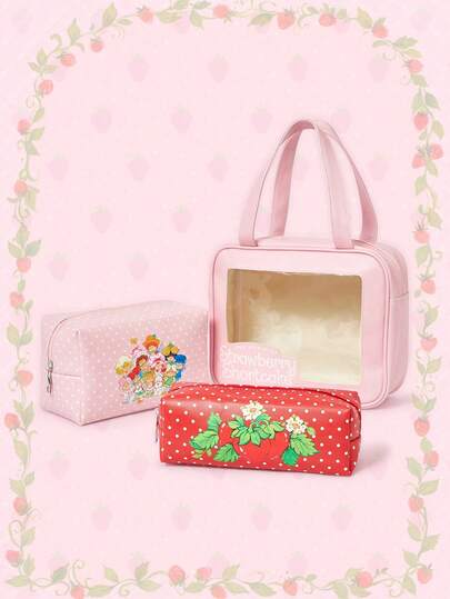 Strawberry Shortcake | ROMWE Una bolsa de cosméticos de gran capacidad con estampado, de tres piezas, de color rosa y de moda.