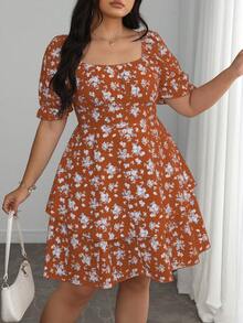 Elenzga 大码女式优雅法式蓝白碎花双层荷叶边短袖连衣裙，夏季 - 彩色 - 查看 7