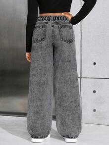 SHEIN Jeans rectos anchos y rasgados con efecto desgastado estilo callejero de Y2K para niñas preadolescentes, ropa y conjuntos de otoño para niñas - Lavado ligero - Ver 2