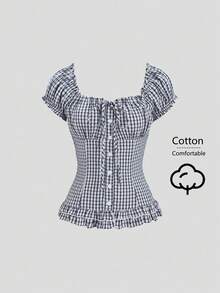 SHEIN Sweetro 女士格子荷叶边系腰短袖衬衫