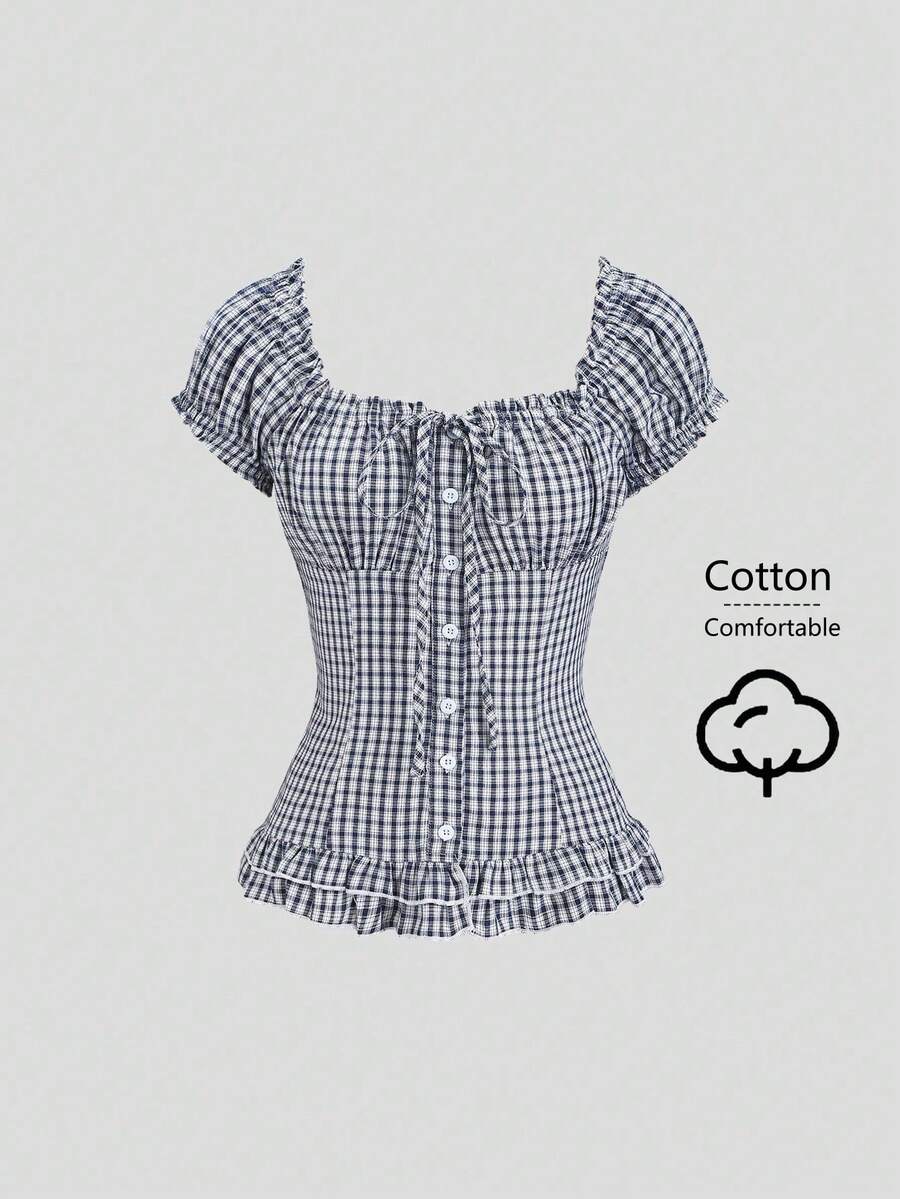 SHEIN Sweetro 女士格子荷叶边系腰短袖衬衫