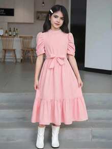 SHEIN 女童休闲印花收腰长连衣裙，适合日常穿着和通勤。 - 粉色 - 查看 4