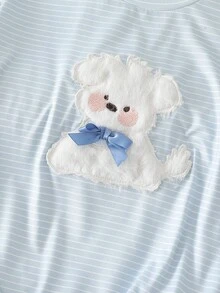 2pcs Women Summer Cute Cartoon 3D Dog Print Striped Round Neck Short Sleeve Loose Casual Pajama Set - Blue - View 8