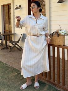 Dazy Plus 休闲时尚翻领半开襟条纹宽松衬衫裙，长款休闲加大码女装连衣裙，春夏长款连衣裙 - 杏色 - 查看 5