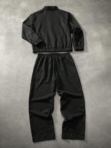 STYNVO 男士字母条纹拉链外套和裤子休闲运动套装 男士两件套 男士慢跑套装 男士运动服套装 男士两件套 条纹 - 黑色 - 查看 2