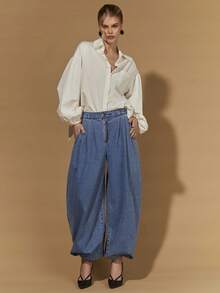 COSMINA Women's Pocketed Zipper Button Pleated Casual Versatile Commuting Flared Leg Jeans - Light Wash - View 2