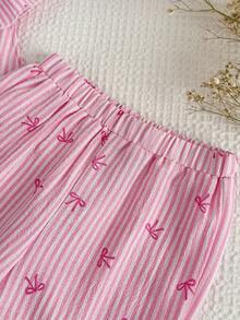 SHEIN 2pcs Young Girl Ditsy Floral Ruffle Trim Top And Loose Fit Pants Set - Pink - View 5