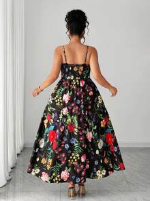 Elenzga 加大码随机印花黑色底亮丽花朵热带度假风吊带收腰A字长裙，优雅性感 - 彩色 - 查看 2