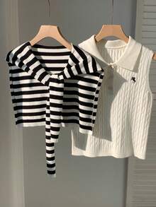 Muchica Women's Casual Everyday Sleeveless Cable Knit Top - Black and White - View 5