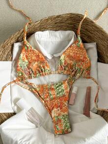 Swim Mod Springbreak 女士随机印花串珠吊带性感比基尼泳衣套装，夏季沙滩装 - 彩色 - 查看 2