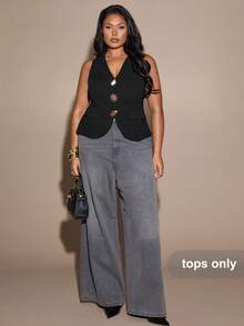 SHEIN BAE 大码女式黑色V领金属纽扣上衣 - 黑色 - 查看 3