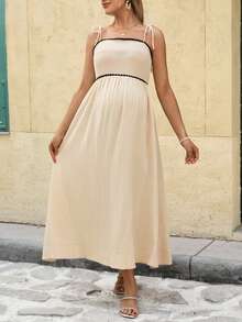 SHEIN Pregnant Women's Elegant Vacation Style Shell Trim Camisole Dress - Apricot - View 4