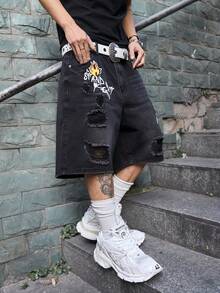 Manfinity EMRG Distressed Black Print Washed American Casual Denim Shorts - Black - View 4