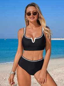Swim Lushoire Women's V-Neck Floral Ruffle Bikini 2-Piece Swimsuit, Fashionable Casual Vacation Swimming Set - Black and White - View 3