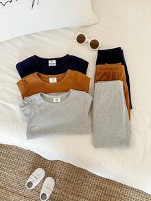 SHEIN 6件組純色家居服套裝，適合小男孩/小女孩，貼身剪裁，包含長袖T恤與長褲/睡褲，舒適休閒睡衣，男孩長袖套裝休閒套裝 - 彩色 - 查看 5