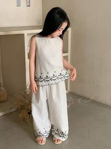 DAZY 两件套女童条纹无袖上衣和阔腿裤套装，秋季穿搭 - 杏色 - 查看 5