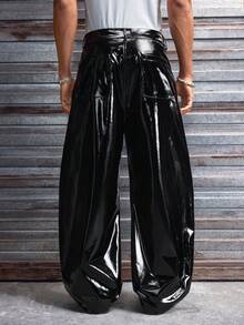 AXEPEAK 男士休闲时尚街头宽松PU皮阔腿裤 - 黑色 - 查看 4