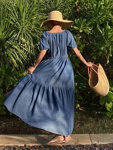 DAZY Women's Off-Shoulder Cinched Waist Short Sleeve Vacation Style Long Denim Dress - Medium Wash - View 5