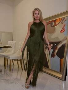 Cioccolato Elegant Vintage Bohemian Tassel Maxi Dress, Suitable For Spring, Summer, Holidays, Festivals, Beaches, Parties, And Easter - Army Green - View 1