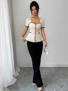 Rafferiza 优雅收腰领口、门襟、下摆撞色波浪边饰女士春夏杏色衬衫