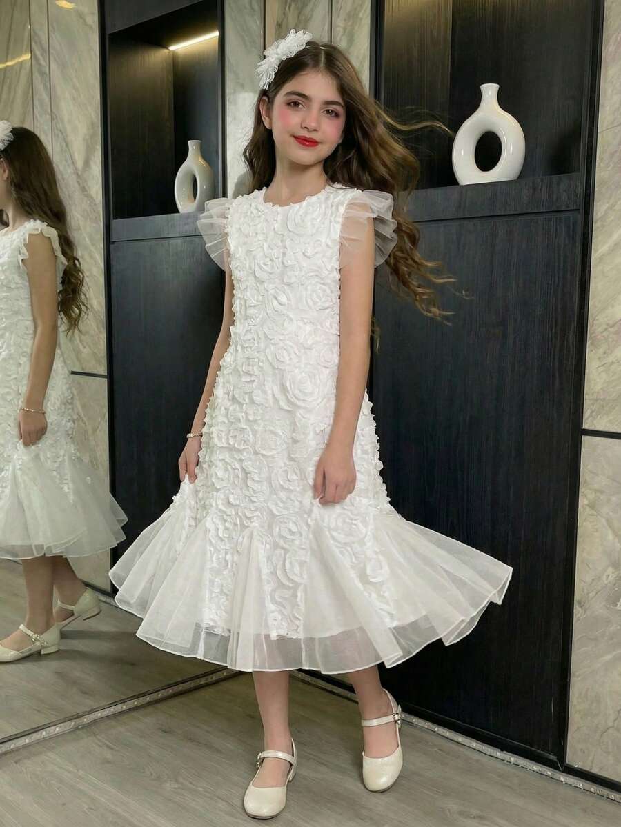 Váy ngắn voan chiffon cổ Peter Pan tay lửng họa tiết hoa dễ thương cho bé gái, thích hợp cho đám cưới, tiệc tùng, sinh nhật, ngày lễ tình nhân - trắng - Xem 1