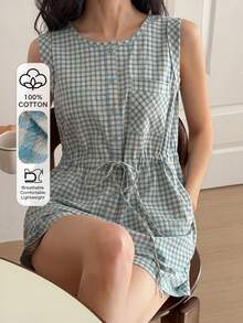 DAZY Plaid Cinched Waist Cropped Jumpsuit For Women, Loungewear