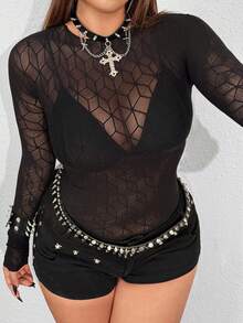 Whyspr Body transparent din plasă geometrică, stil gotic sexy, mărime mare, stil stradal la modă, primăvară/vară - Negru - Vizualizare 4