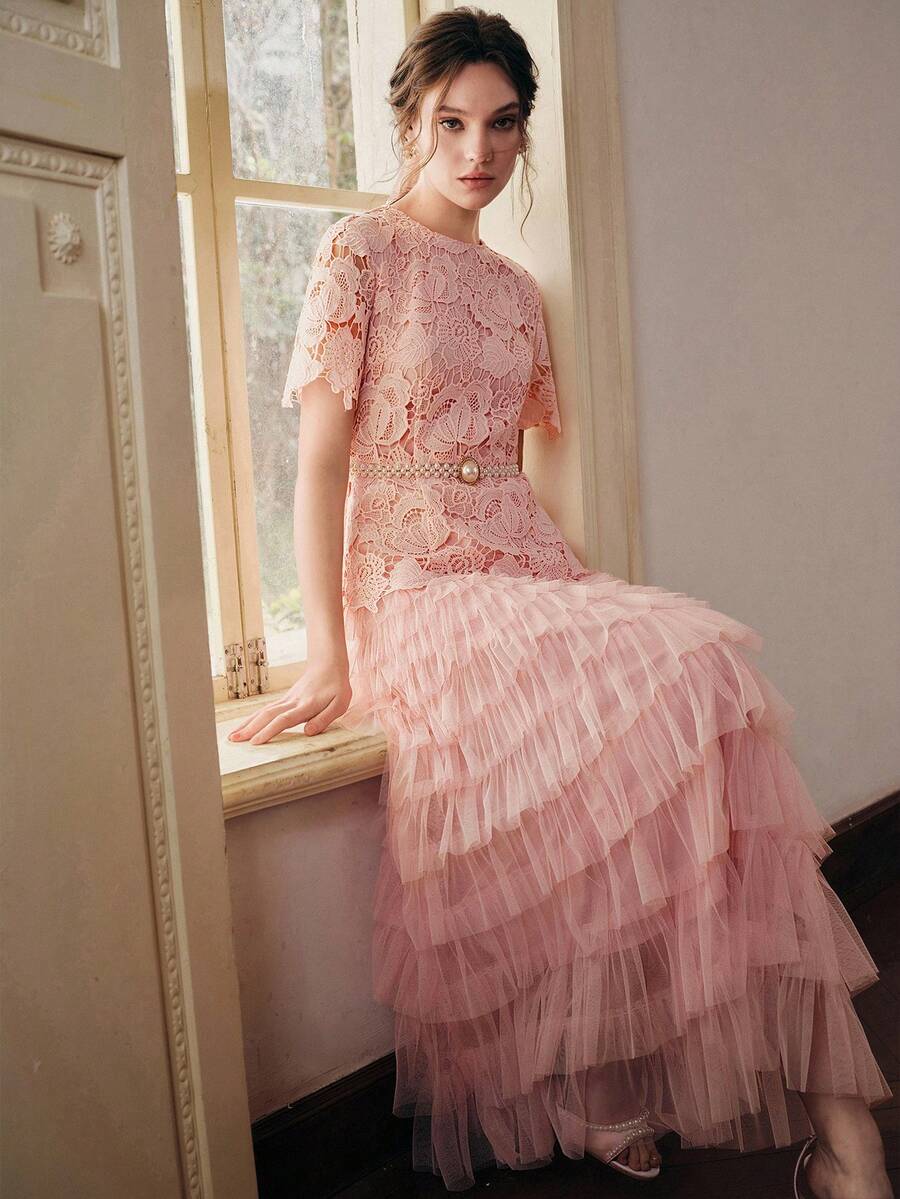 Anewsta New Lightweight Luxury Lace Dress Women, Princess Cake Skirt, Elegant Elegant Cinched Waist Mesh Patchwork Dress, Spring/Summer - Pink - View 1