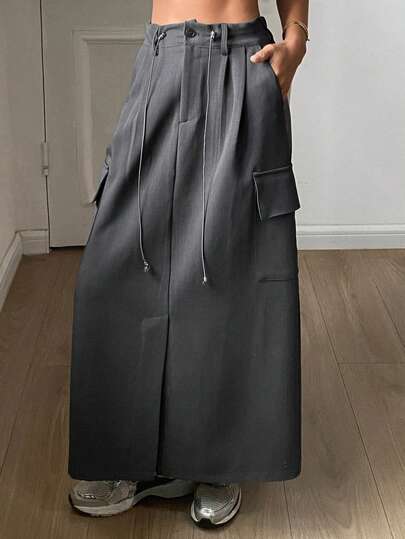 DAZY Solid Color Straight Elastic Waist Drawstring Pocket Long Casual Street Style Skirt For Women, Spring/Autumn