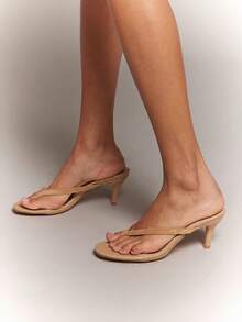 SHUZIA Women's Minimalist Fashion Comfy Square Toe Stiletto Heel Thong Sandals - Beige - View 2