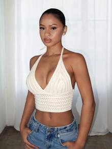 SHEIN PETITE 纯色V领露背针织上衣，适合音乐节穿着 - 白色 - 查看 6