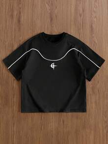 TOKVUE Men's Casual Street Style Patchwork Contrast Color Embroidered T-Shirt - Black - View 3