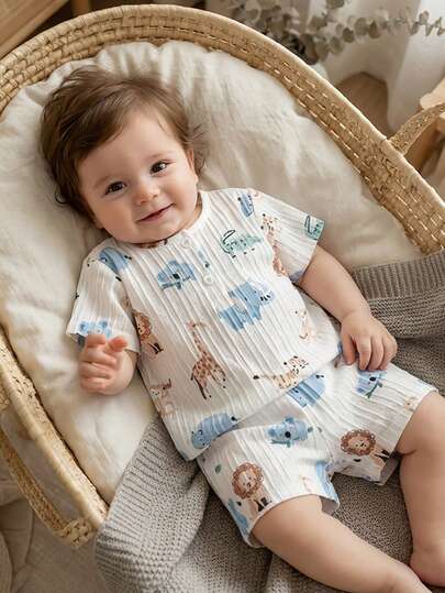 Vintaside Kids 2pcs/Set Baby Boy Cute Animal Print Short Sleeve T-Shirt And Shorts Set, Featuring Elephant, Lion, And Crocodile Fun Storybook Graffiti Print, Wave Stripe Textured Fabric. Casual Summer Holiday Vacation Everyday Wear, Suitable For Beach Vacation, Park Outing, Daily Wear, Holiday Gathering, First Birthday Party, Sightseeing, Photoshoots, And Various Occasions. Ideal For Spring And Summer Wear