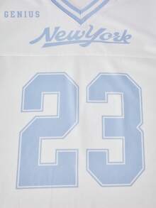 SHEIN ChillGRL 少女休闲字母条纹V领宽松T恤和数字图案T恤搭配时尚直筒工装裤两件套，春夏秋三季皆宜。 - 淺藍色 - 查看 6